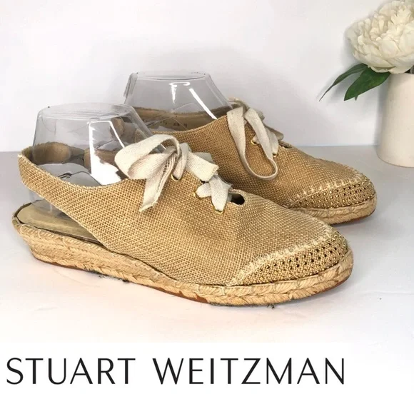 STUART WEITZMAN Canvas Gold Studded Slingback Tan Espadrille Wedge Luxury VTG - Picture 14 of 14